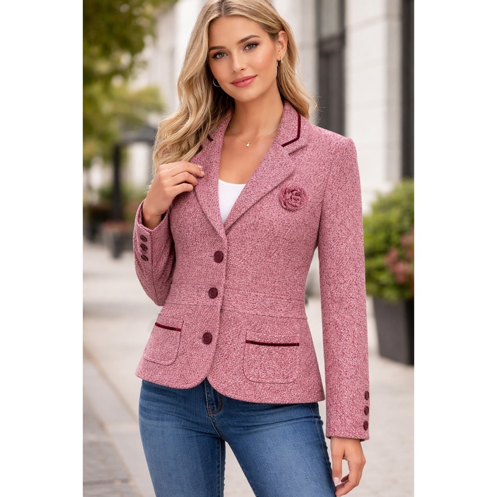 Wool Blend Blazer Women's Medium Rose Tweed Velvet Trim Dress Jacket Vintage